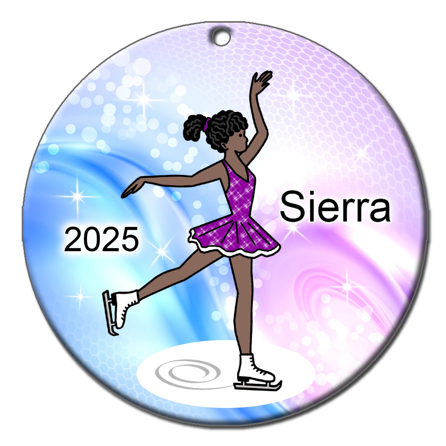 Ice Skating Christmas Ornament - Dainty Sparkle Skater - Black, African American Girl