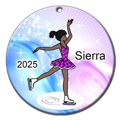 Ice Skating Christmas Ornament - Dainty Sparkle Skater - Black, African American Girl