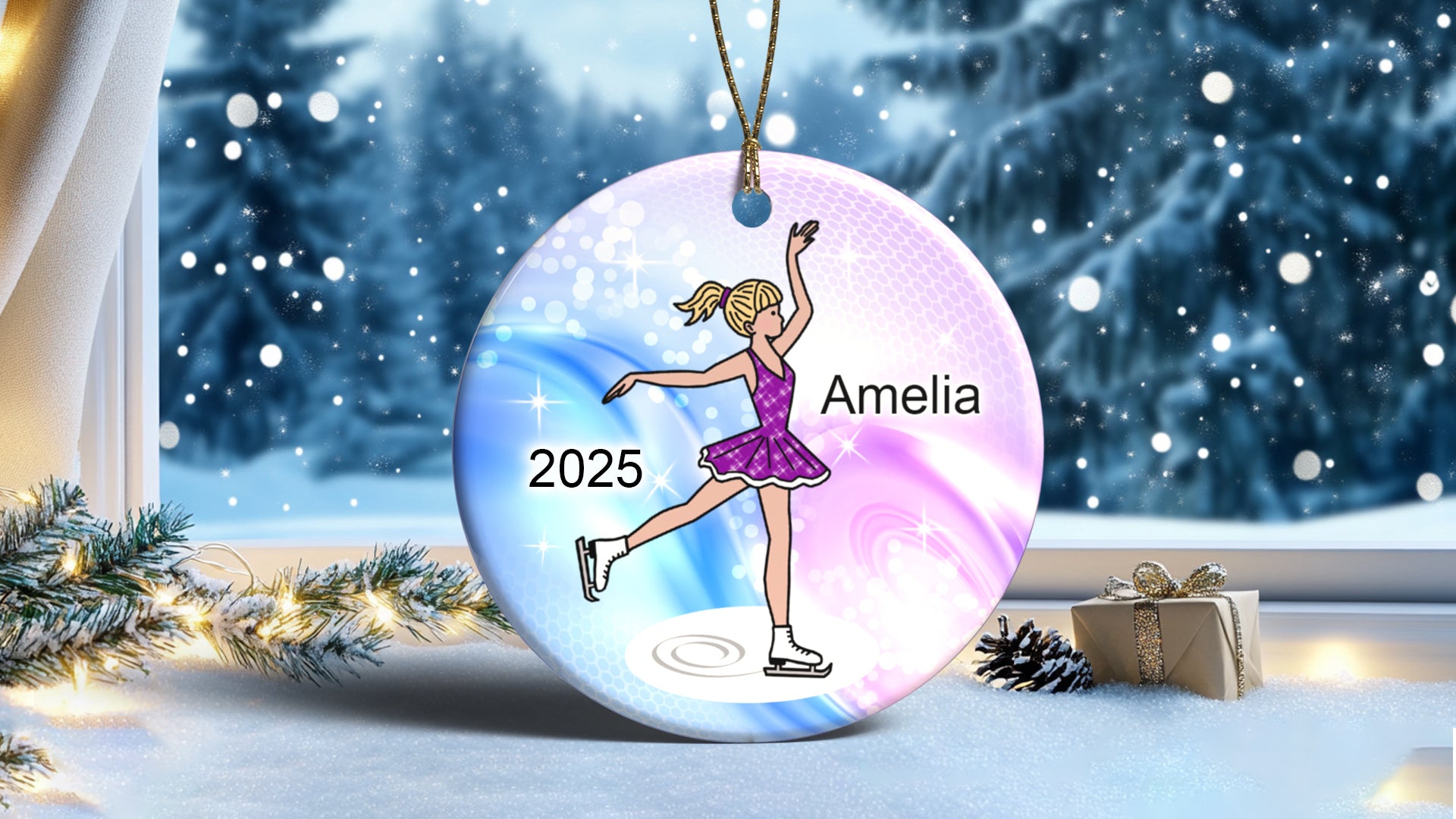 Ice Skating Christmas Ornament - Dainty Sparkle Skater - Blonde Hair