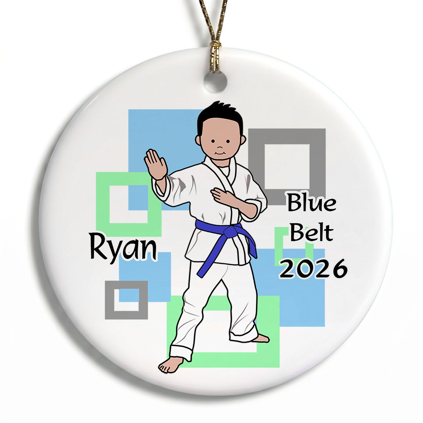 Martial Arts or Karate Kid Personalized Christmas Ornament - Boy - Black Hair