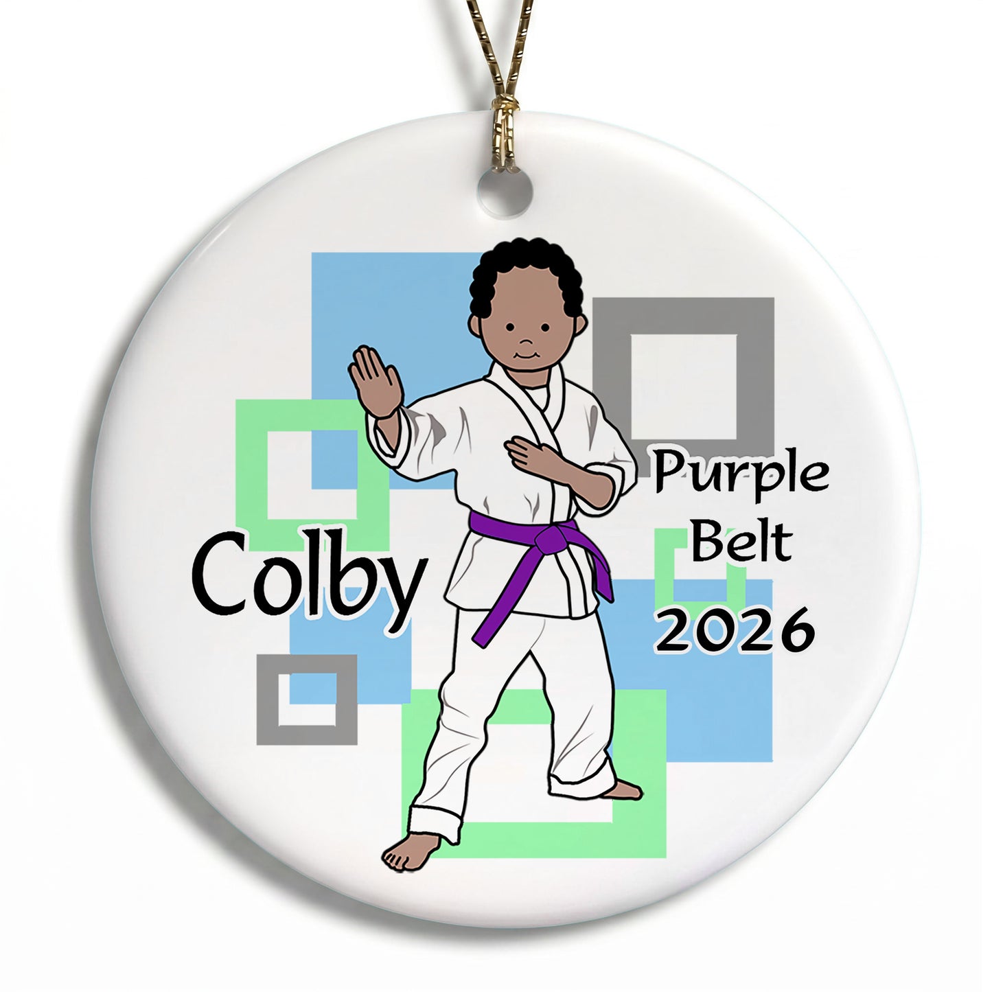 Martial Arts or Karate Kid Personalized Christmas Ornament - Boy - Black / African American with Medium Skin