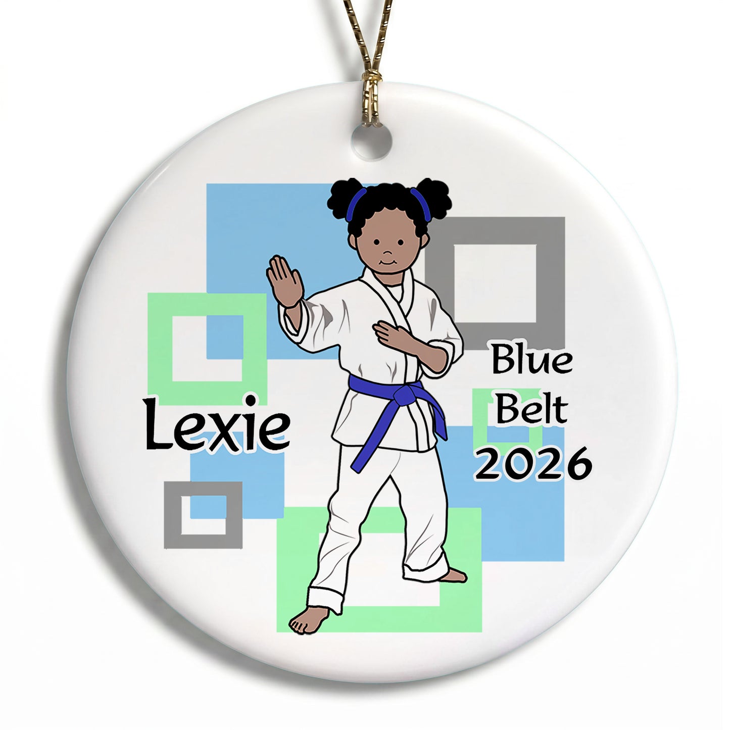 Martial Arts or Karate Kid Personalized Christmas Ornament - Girl - Black / African American with Medium Skin
