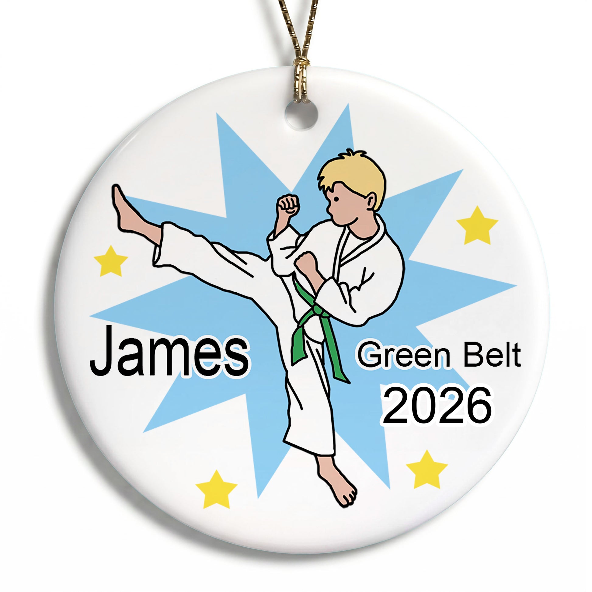 Karate or Martial Arts Boy Christmas Ornament - Kick Design - Blonde Hair
