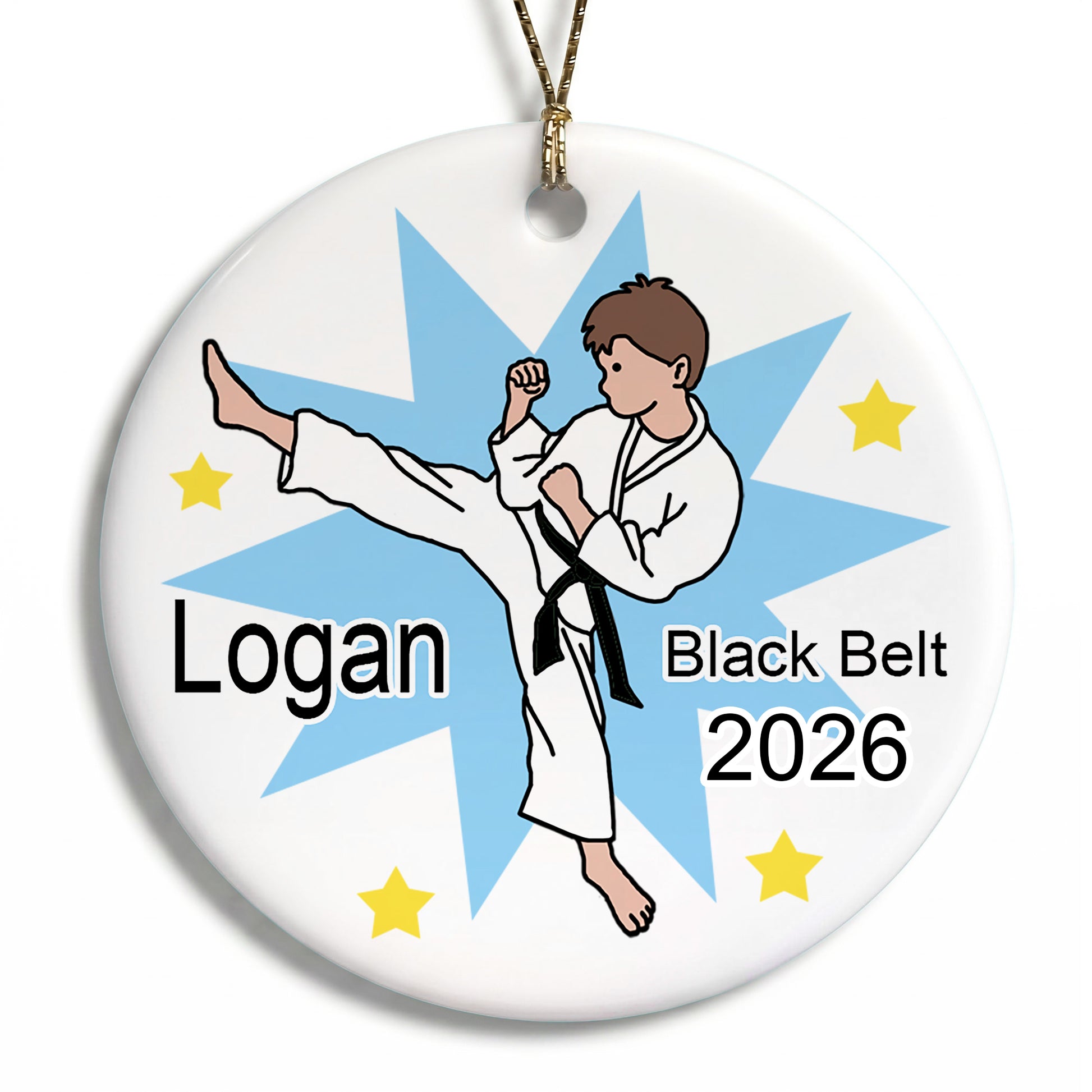 Karate or Martial Arts Boy Christmas Ornament - Kick Design - Brown Hair