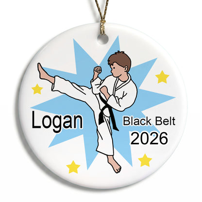 Karate or Martial Arts Boy Christmas Ornament - Kick Design - Brown Hair
