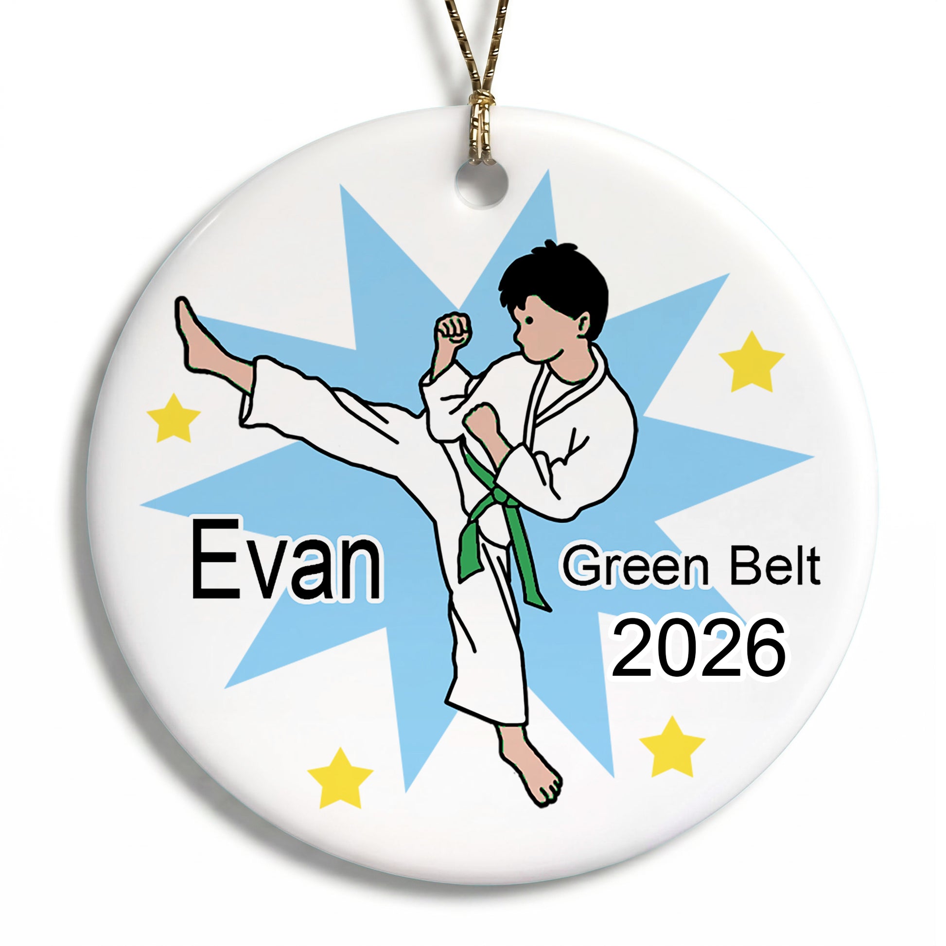 Karate or Martial Arts Boy Christmas Ornament - Kick Design - Black Hair