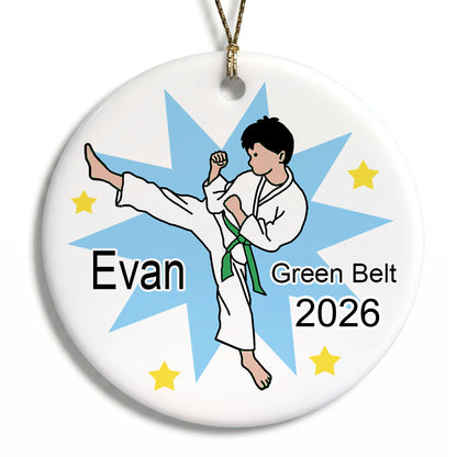 Karate or Martial Arts Boy Christmas Ornament - Kick Design - Black Hair