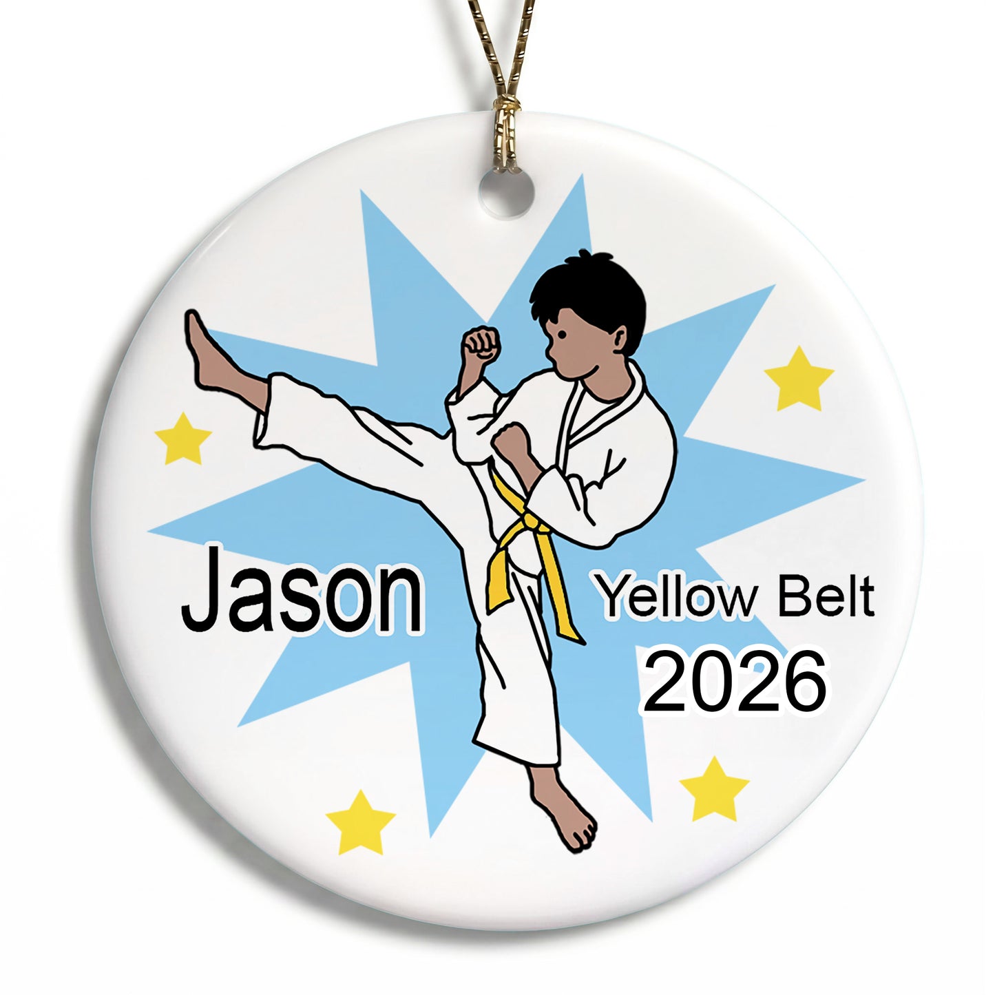 Karate or Martial Arts Boy Christmas Ornament - Kick Design - Medium Skin / Black Hair