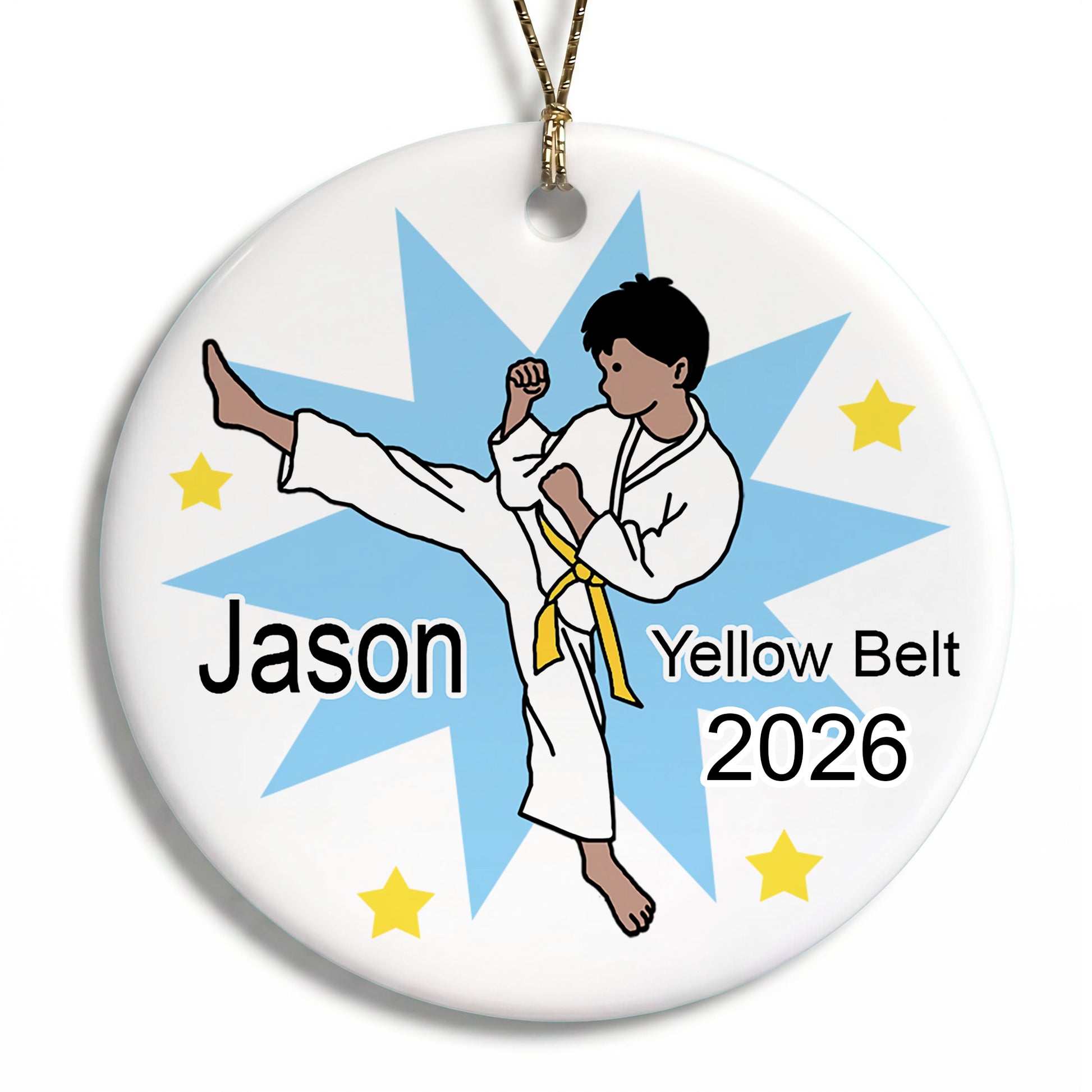 Karate or Martial Arts Boy Christmas Ornament - Kick Design - Medium Skin / Black Hair