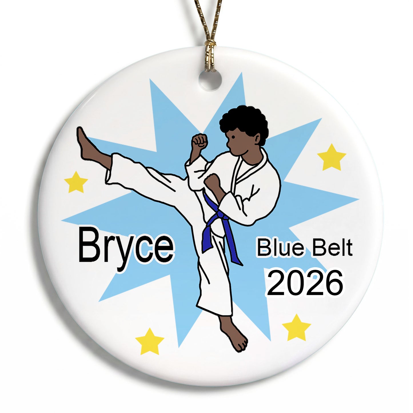 Karate or Martial Arts Boy Christmas Ornament - Kick Design - Black / African American