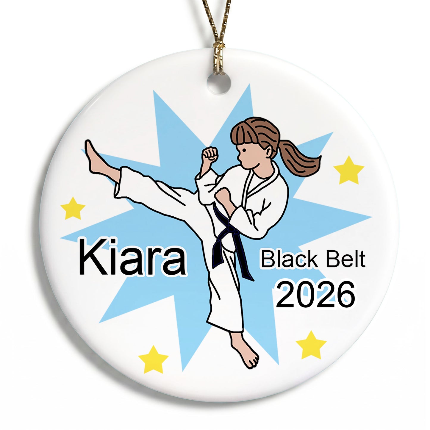 Karate or Martial Arts Girl Christmas Ornament - Kick Design - Brown Hair