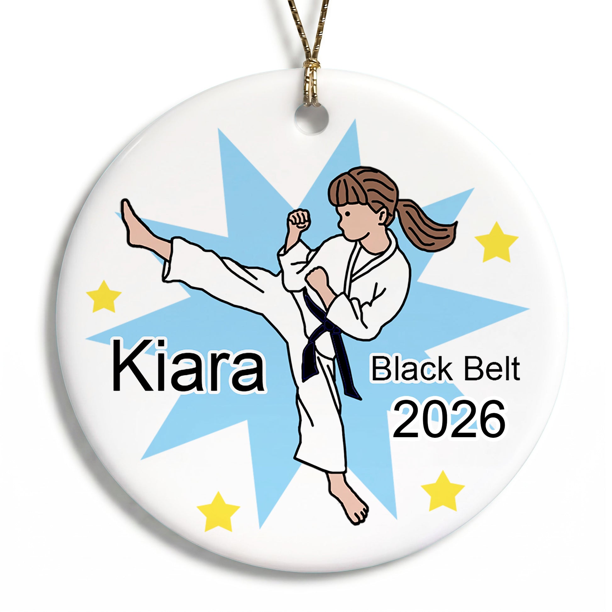 Karate or Martial Arts Girl Christmas Ornament - Kick Design - Brown Hair