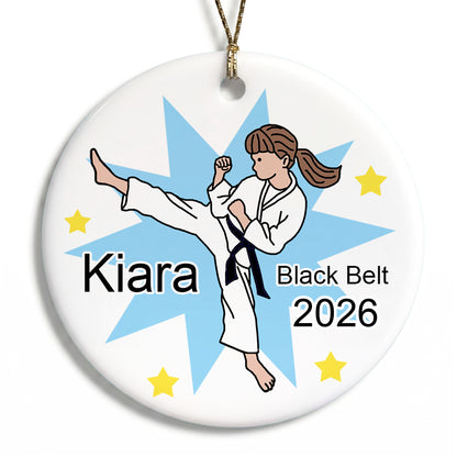 Karate or Martial Arts Girl Christmas Ornament - Kick Design - Brown Hair