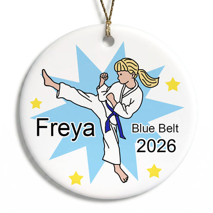 Karate or Martial Arts Girl Christmas Ornament - Kick Design - Blonde Hair