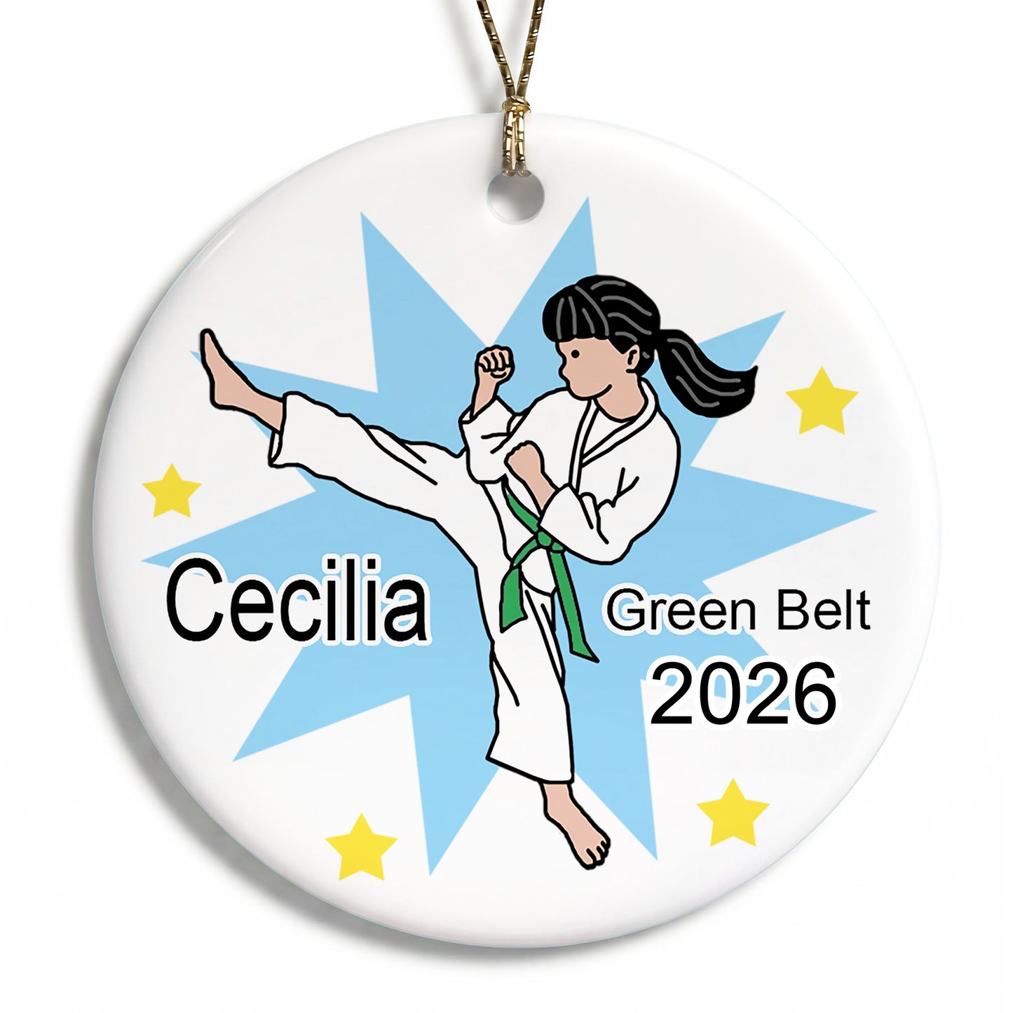 Karate or Martial Arts Girl Christmas Ornament - Kick Design - Black Hair