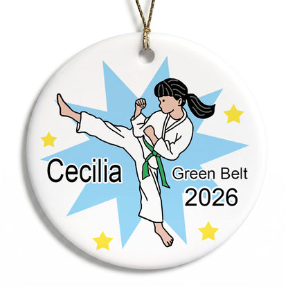 Karate or Martial Arts Girl Christmas Ornament - Kick Design - Black Hair