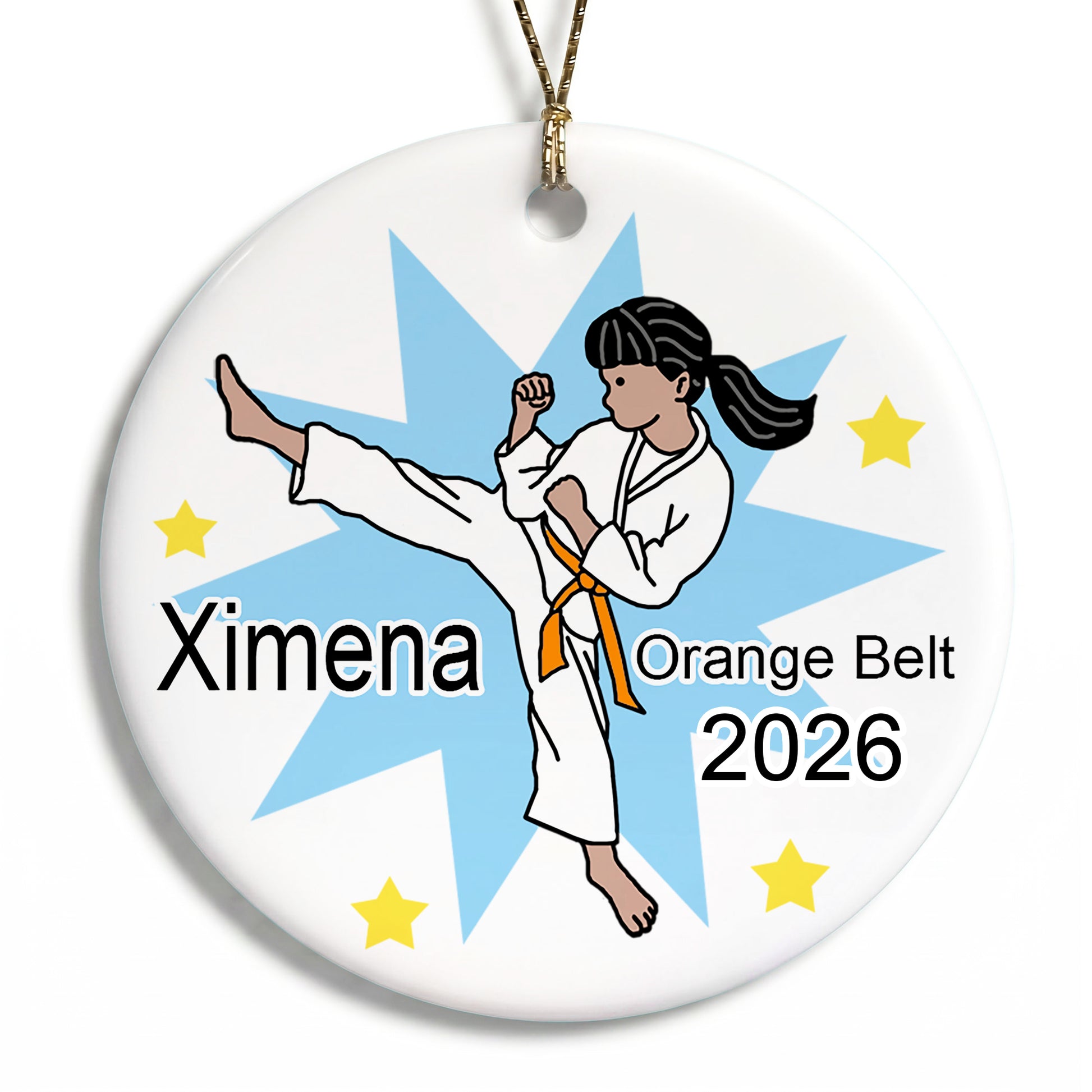 Karate or Martial Arts Girl Christmas Ornament - Kick Design - Medium Skin with Black Hair