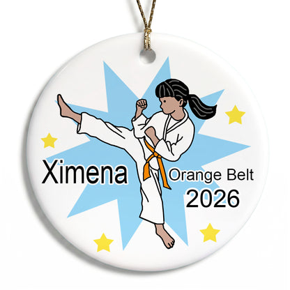 Karate or Martial Arts Girl Christmas Ornament - Kick Design - Medium Skin with Black Hair