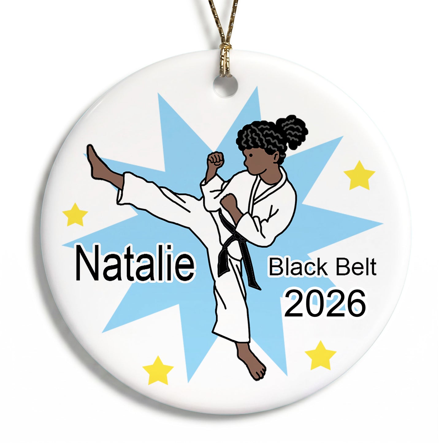 Karate or Martial Arts Girl Christmas Ornament - Kick Design - Black / African American