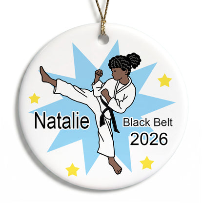 Karate or Martial Arts Girl Christmas Ornament - Kick Design - Black / African American