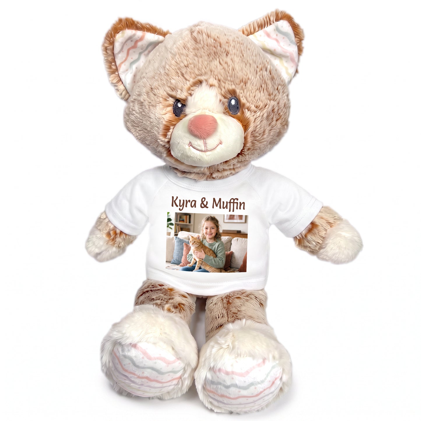 Personalized Stuffed Cat - 12 inch Ebba Plush Kit Kitten with Photo and Text - White Shirt