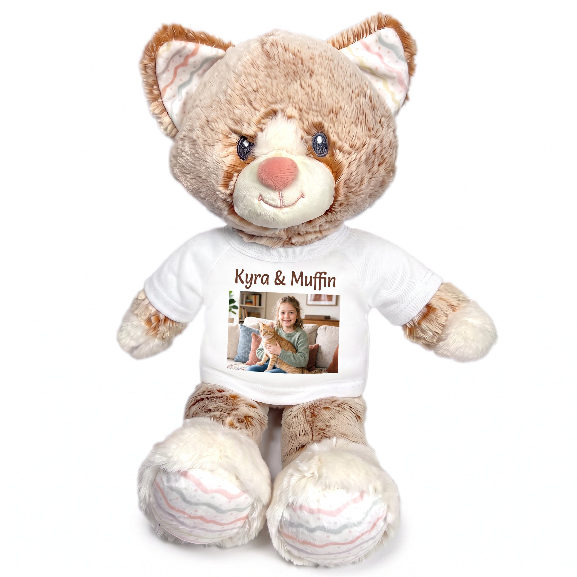 Personalized Stuffed Cat - 12 inch Ebba Plush Kit Kitten with Photo and Text - White Shirt