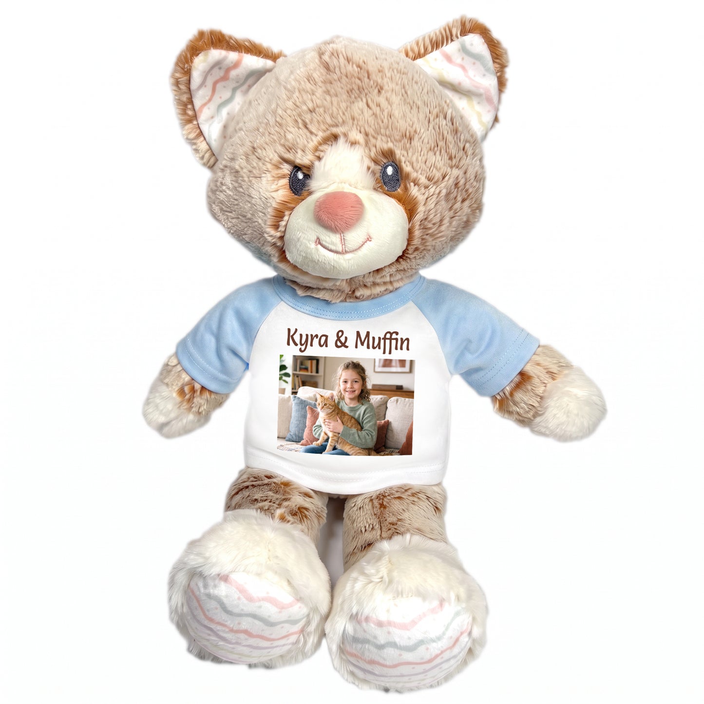 Personalized Stuffed Cat - 12 inch Ebba Plush Kit Kitten with Photo and Text - Light Blue Shirt
