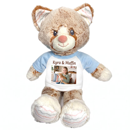 Personalized Stuffed Cat - 12 inch Ebba Plush Kit Kitten with Photo and Text - Light Blue Shirt