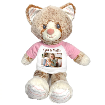 Personalized Stuffed Cat - 12 inch Ebba Plush Kit Kitten with Photo and Text - Pink Shirt