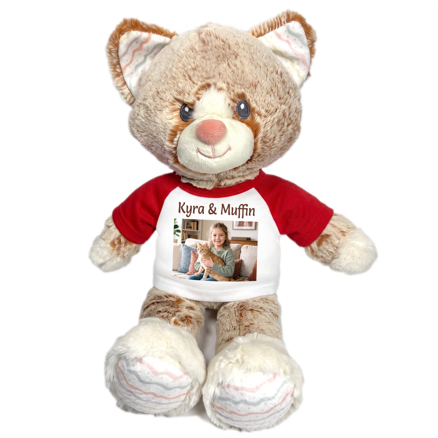Personalized Stuffed Cat - 12 inch Ebba Plush Kit Kitten with Photo and Text - Red Shirt