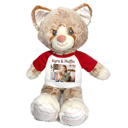 Personalized Stuffed Cat - 12 inch Ebba Plush Kit Kitten with Photo and Text - Red Shirt