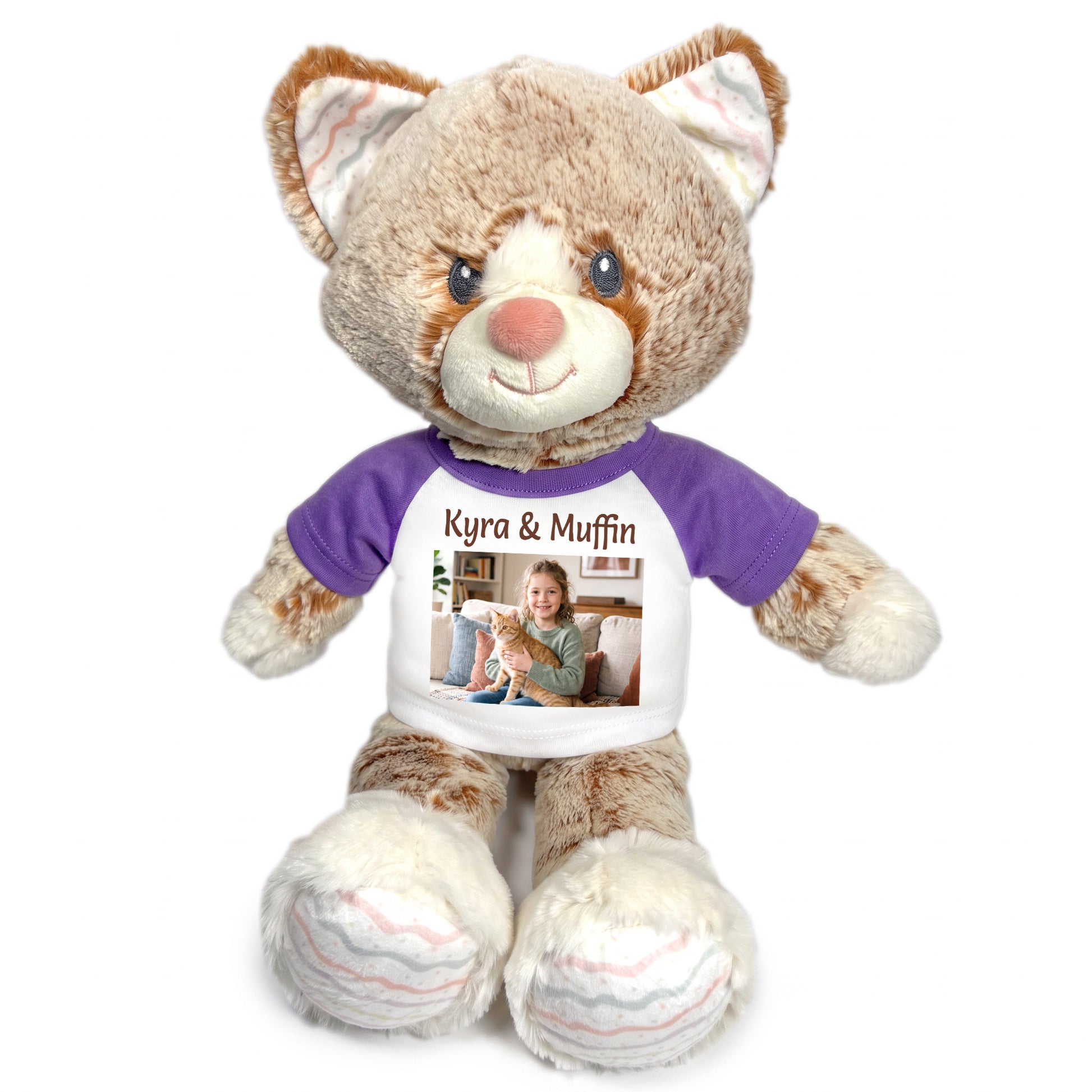 Personalized Stuffed Cat - 12 inch Ebba Plush Kit Kitten with Photo and Text - Purple Shirt
