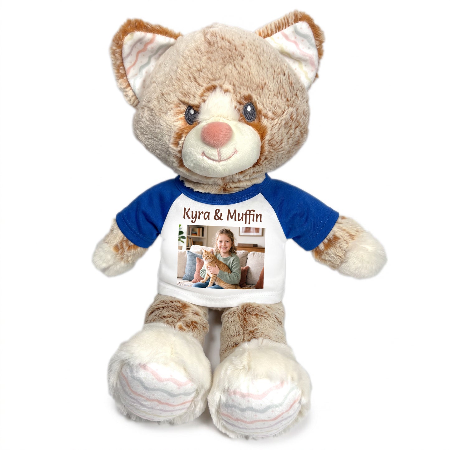 Personalized Stuffed Cat - 12 inch Ebba Plush Kit Kitten with Photo and Text - Royal Blue Shirt
