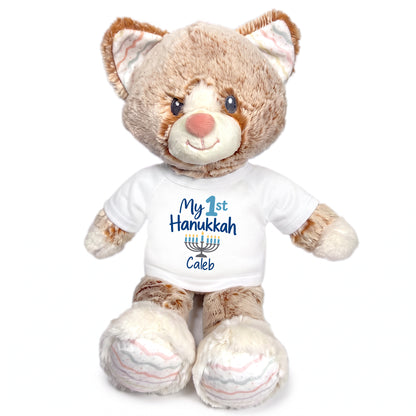 Personalized Hanukkah Stuffed Cat - 12 Inch Plush Kit Kitten - My 1st Hanukkah, White Shirt / Blue Design