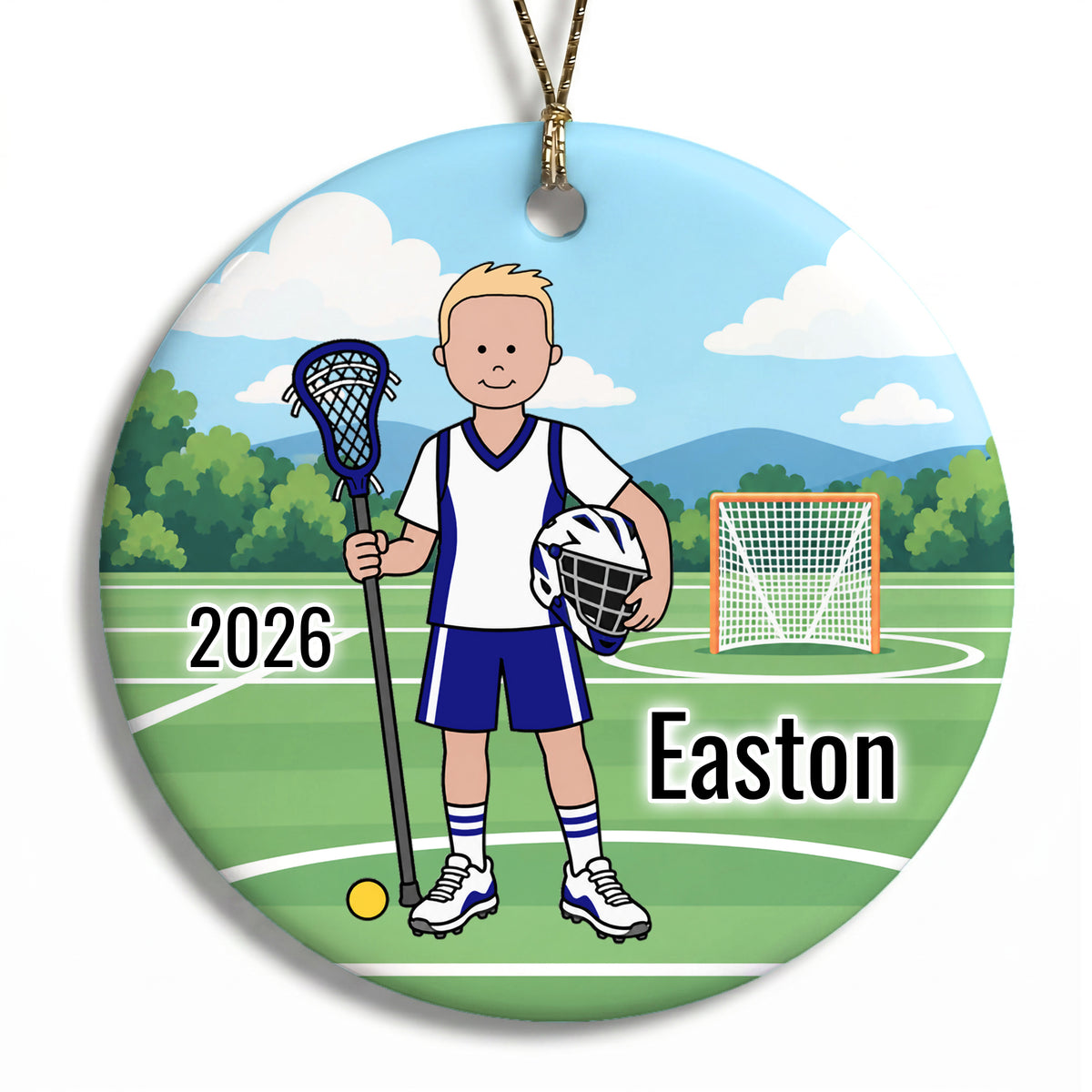 Lacrosse Boy Personalized Christmas Ornament - Blonde Hair w/Fair Skin, 