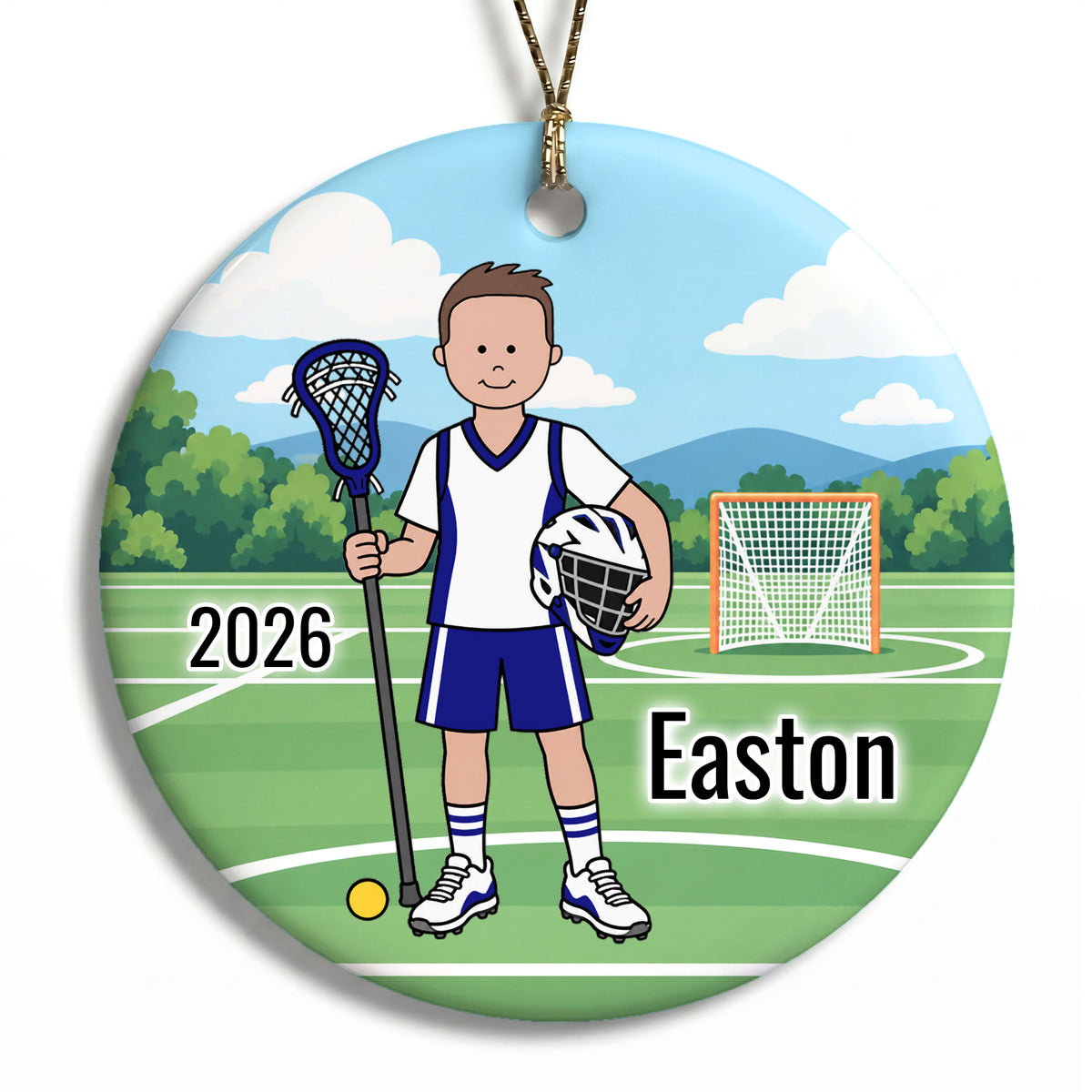 Lacrosse Boy Personalized Christmas Ornament - Brown Hair w/Fair Skin, 