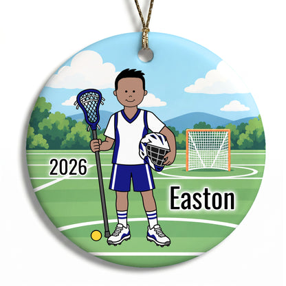 Lacrosse Boy Personalized Christmas Ornament - Black Straight hair w/Medium Skin, 