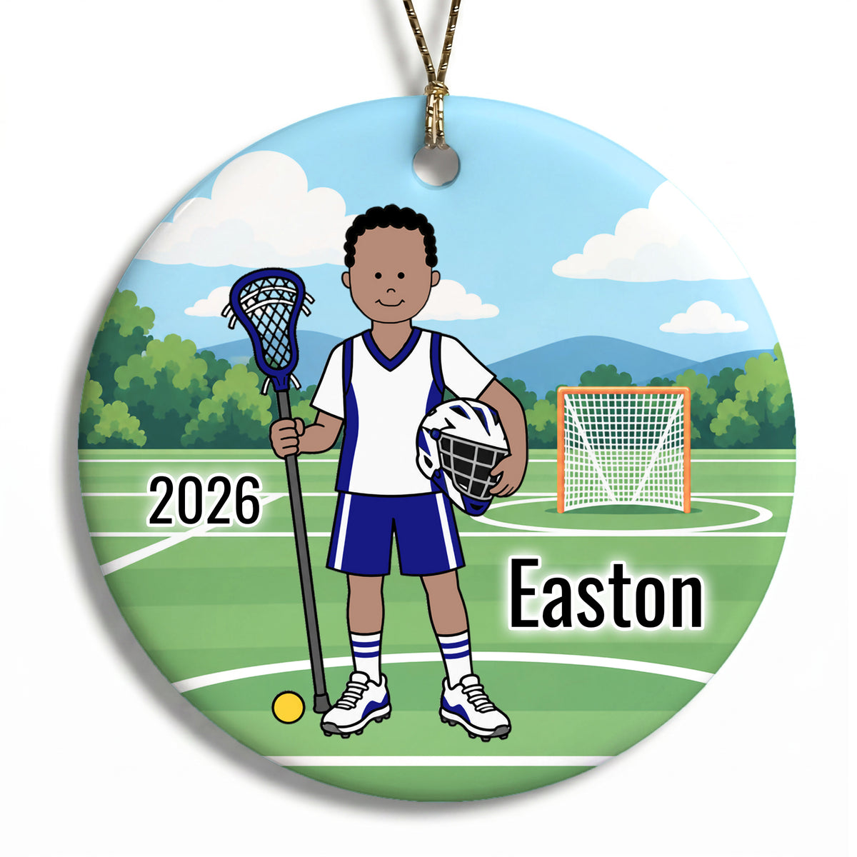 Lacrosse Boy Personalized Christmas Ornament - Black Curly Hair w/Medium Skin, 