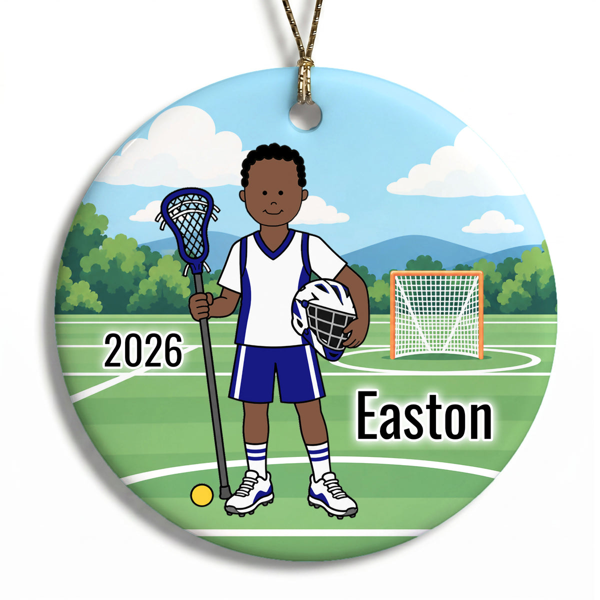 Lacrosse Boy Personalized Christmas Ornament - Black Curly Hair w/Dark Skin, 