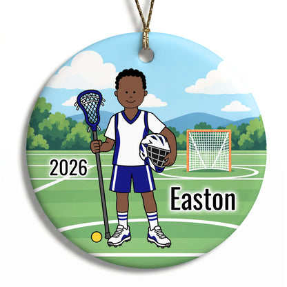Lacrosse Boy Personalized Christmas Ornament - Black Curly Hair w/Dark Skin, 