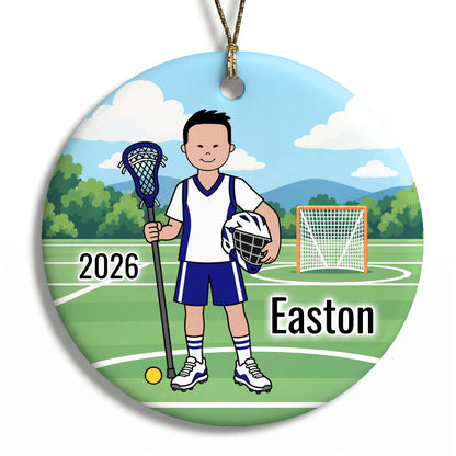 Lacrosse Boy Personalized Christmas Ornament - Almond Eyes/Black Hair/Light Skin, 