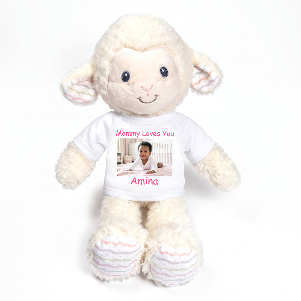 Personalized Stuffed Sheep / Lamb -  12" Lovelee Lamb with Photo and/or Text - White Shirt