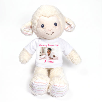 Personalized Stuffed Sheep / Lamb -  12" Lovelee Lamb with Photo and/or Text - White Shirt