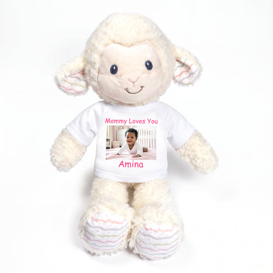 Personalized Stuffed Sheep / Lamb -  12" Lovelee Lamb with Photo and/or Text - White Shirt