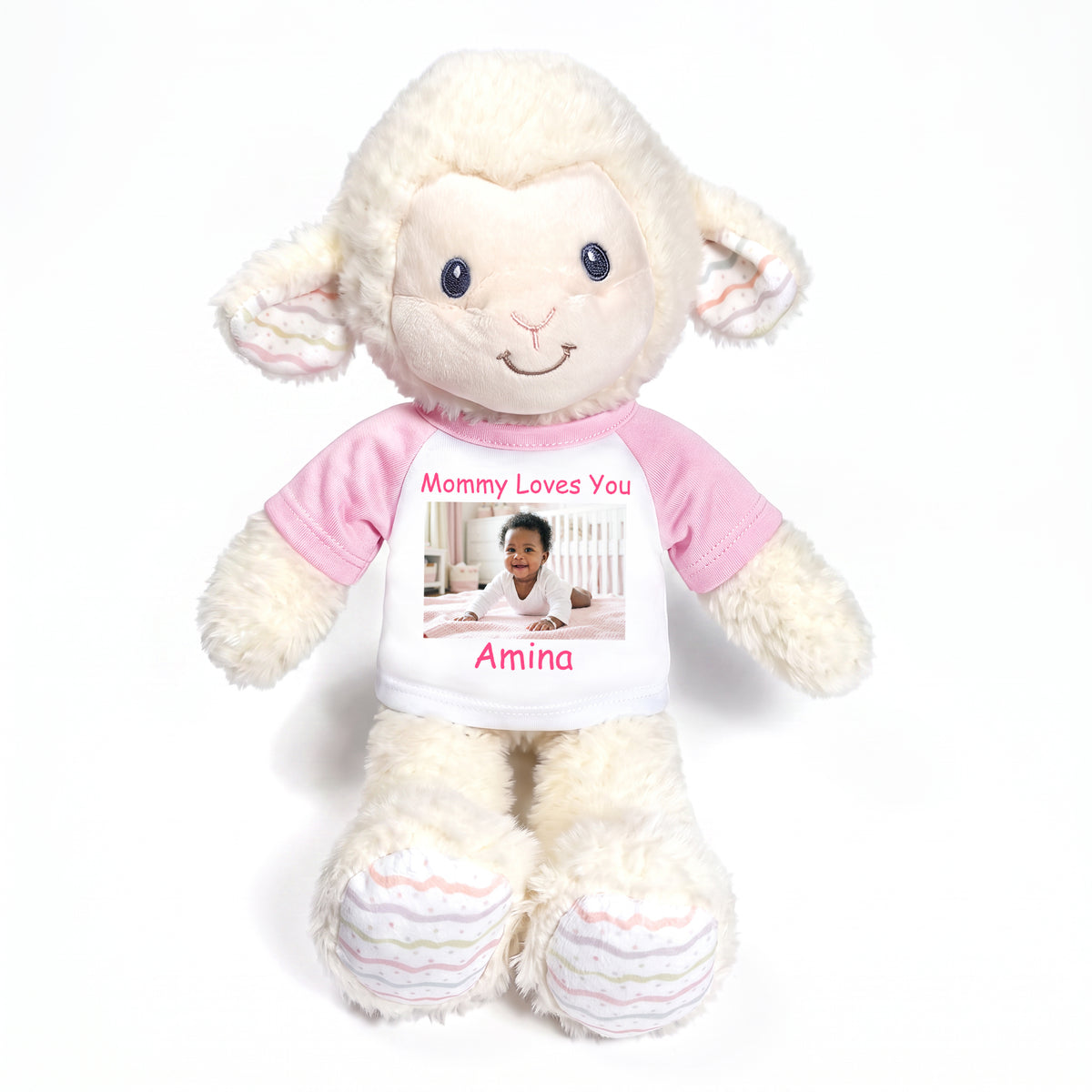 Personalized Stuffed Sheep / Lamb -  12" Lovelee Lamb with Photo and/or Text - Pink Shirt