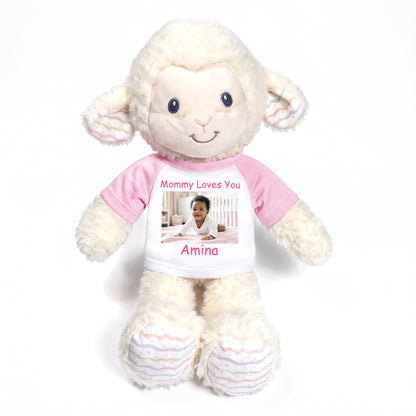 Personalized Stuffed Sheep / Lamb -  12" Lovelee Lamb with Photo and/or Text - Pink Shirt