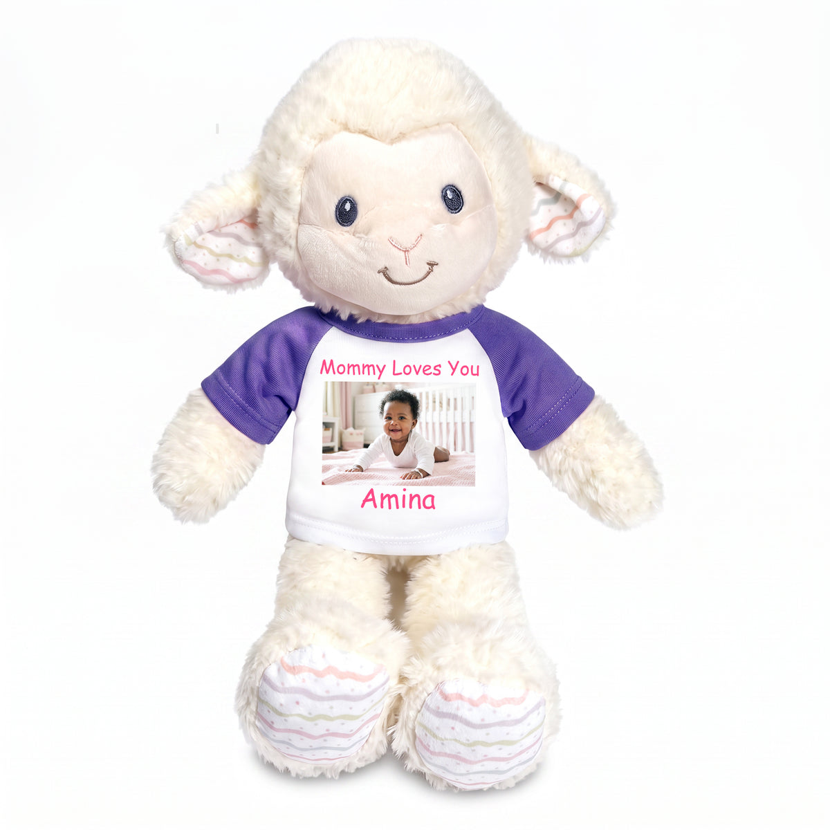 Personalized Stuffed Sheep / Lamb -  12" Lovelee Lamb with Photo and/or Text - Purple Shirt
