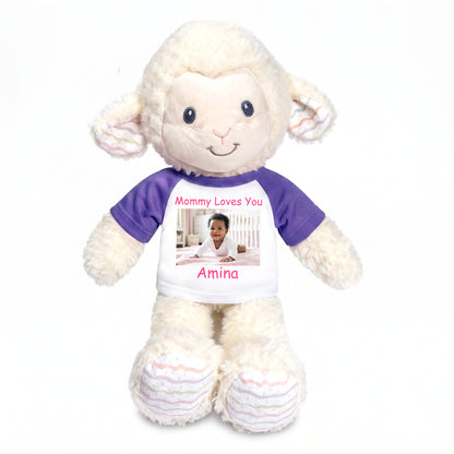 Personalized Stuffed Sheep / Lamb -  12" Lovelee Lamb with Photo and/or Text - Purple Shirt