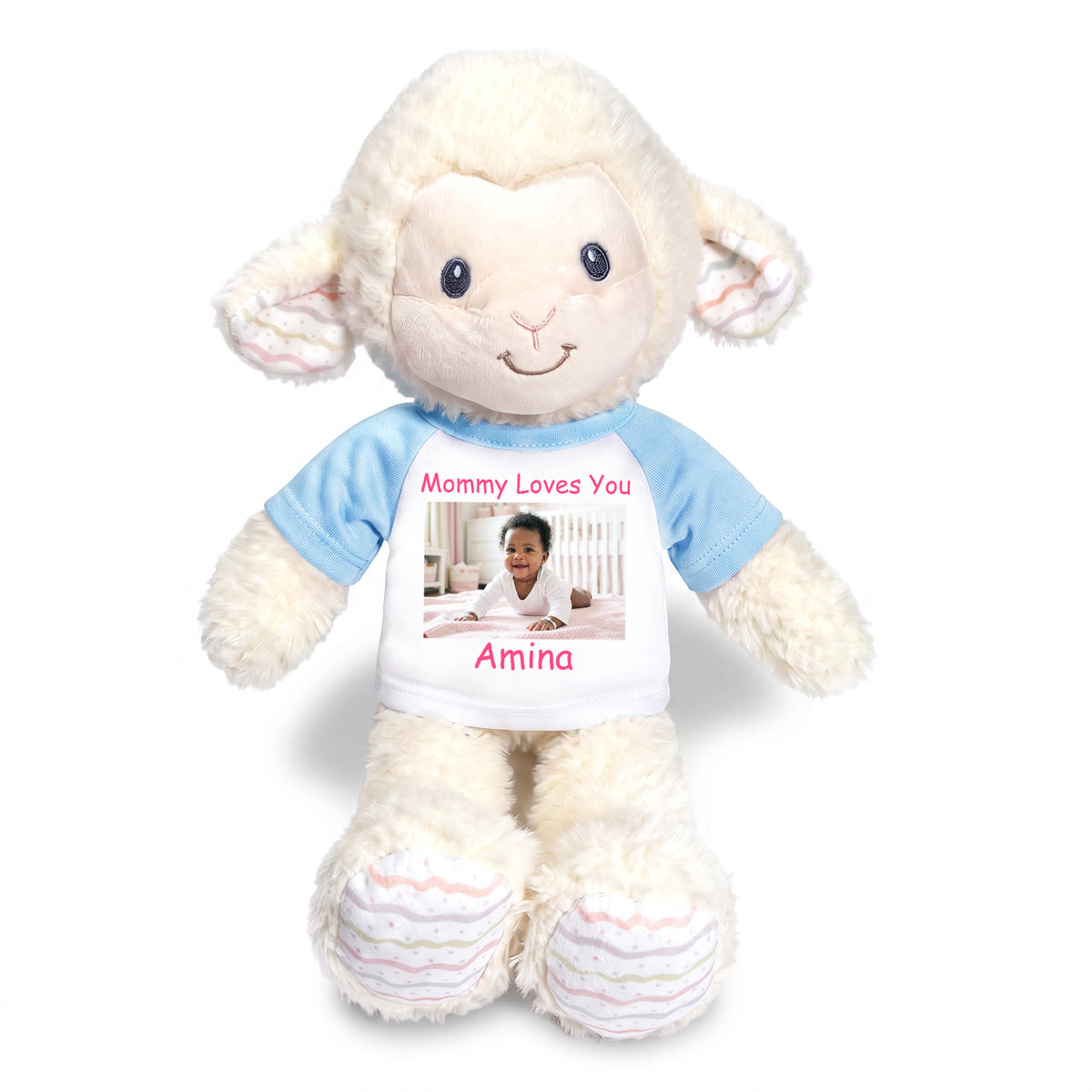 Personalized Stuffed Sheep / Lamb -  12" Lovelee Lamb with Photo and/or Text - Light Blue Shirt