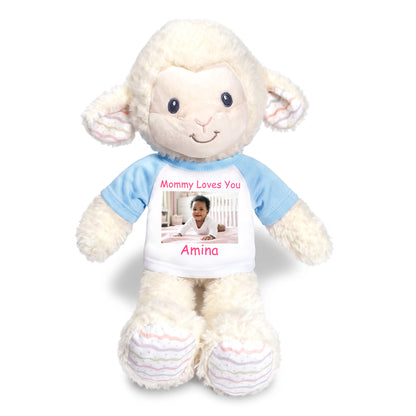 Personalized Stuffed Sheep / Lamb -  12" Lovelee Lamb with Photo and/or Text - Light Blue Shirt